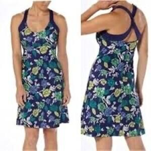PATAGONIA Size XL Blue Morning Glory Floral Halter Twisted Back Athleisure Dress